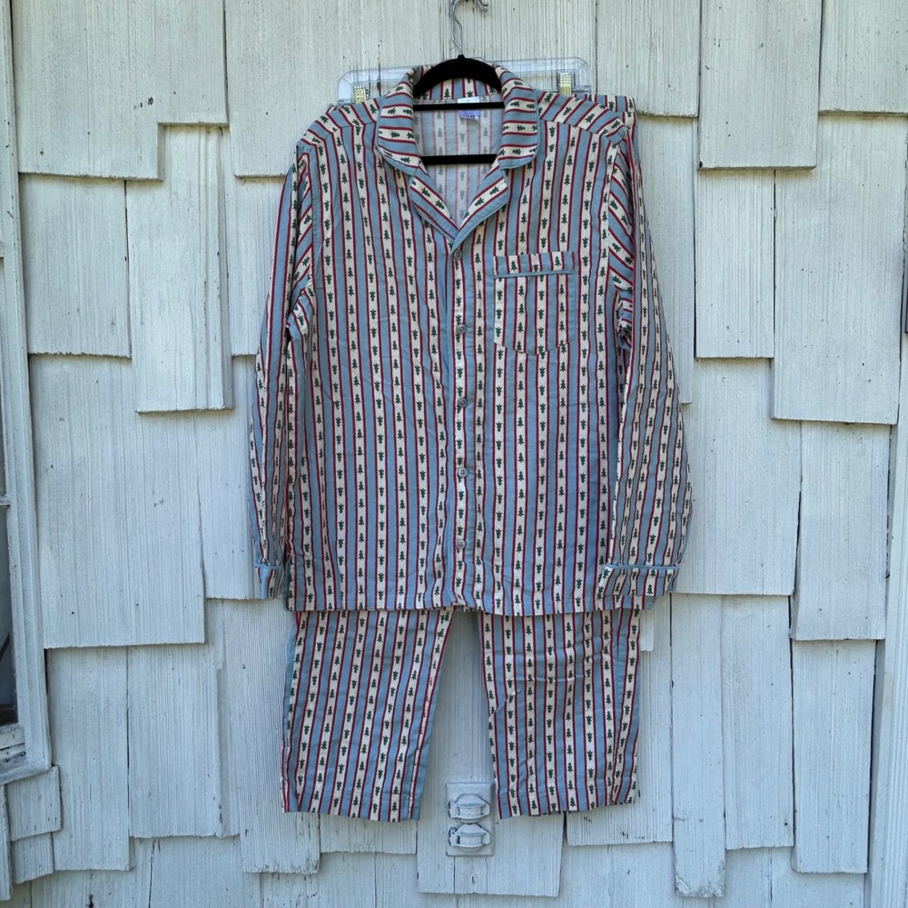 Hanna Andersson Womens Pajama Set Medium Blue Red Stripe Christmas Tree Cotton